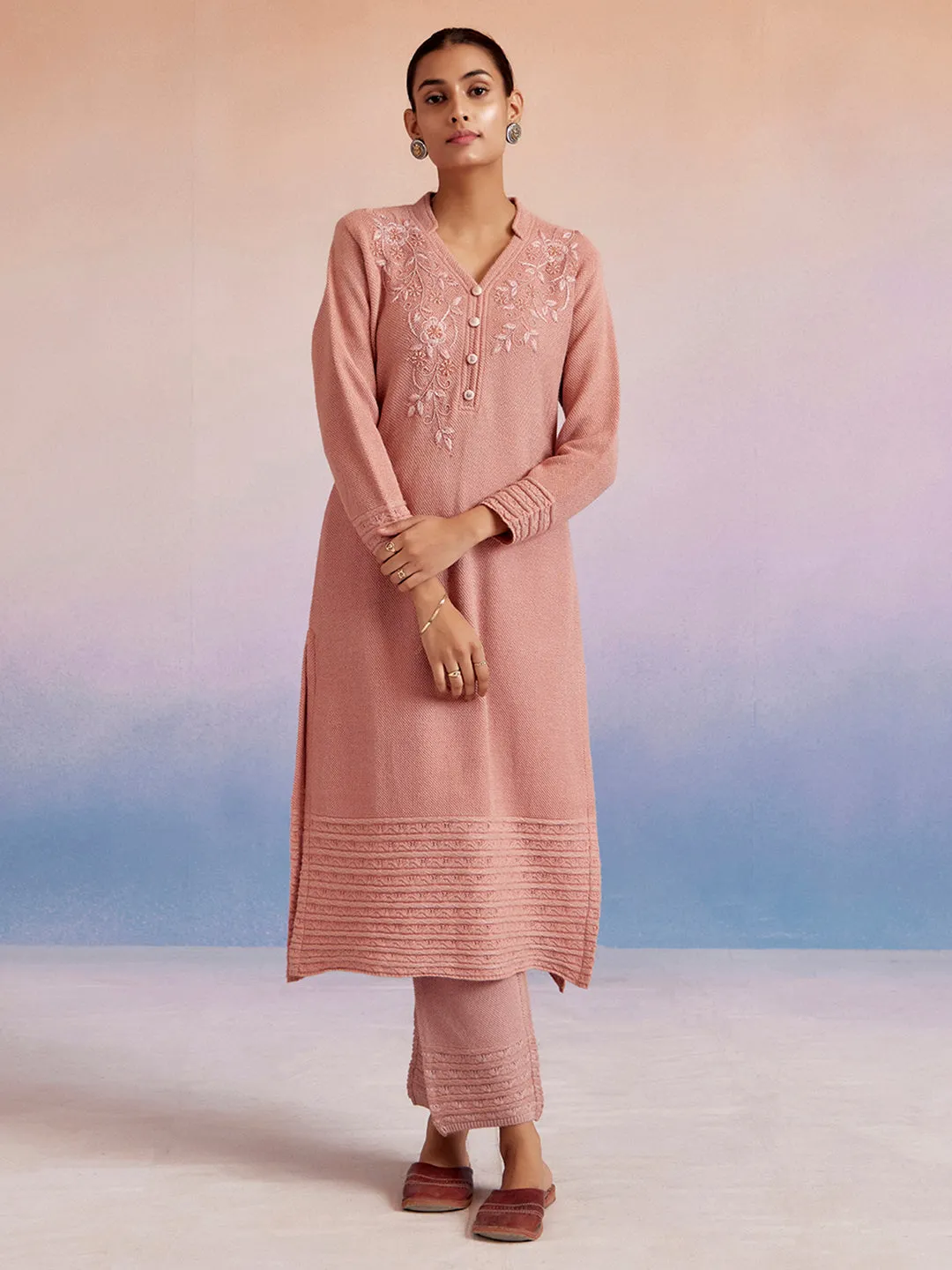 Pink Self Woven Embellished Woolen Kurta Set