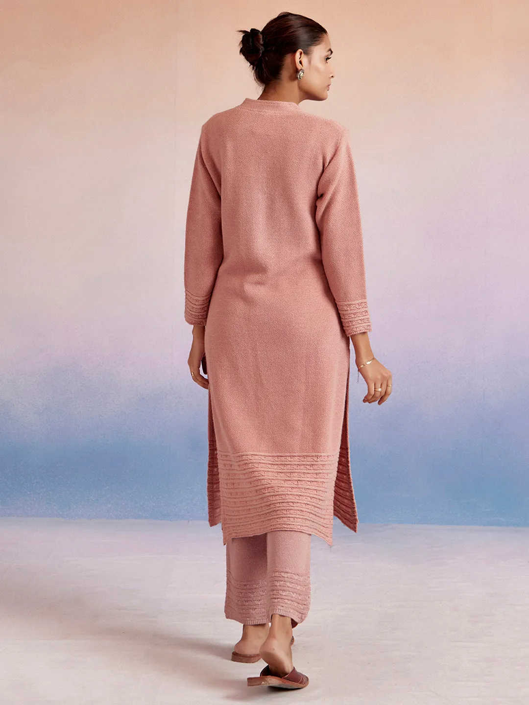 Pink Self Woven Embellished Woolen Kurta Set