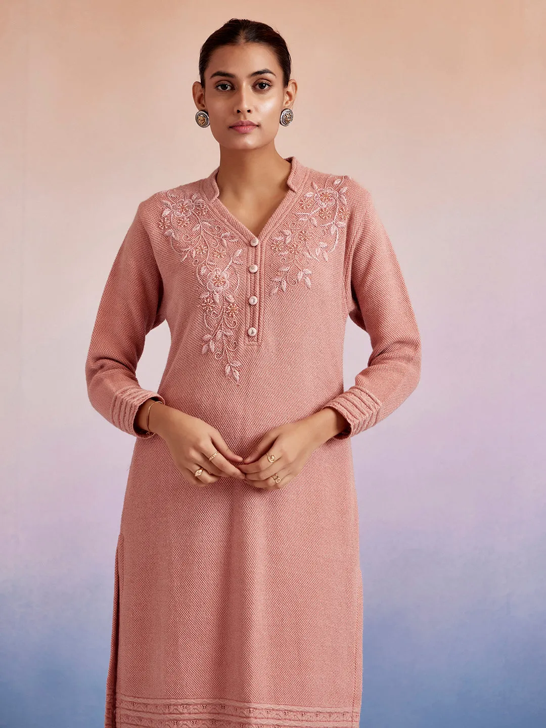 Pink Self Woven Embellished Woolen Kurta Set