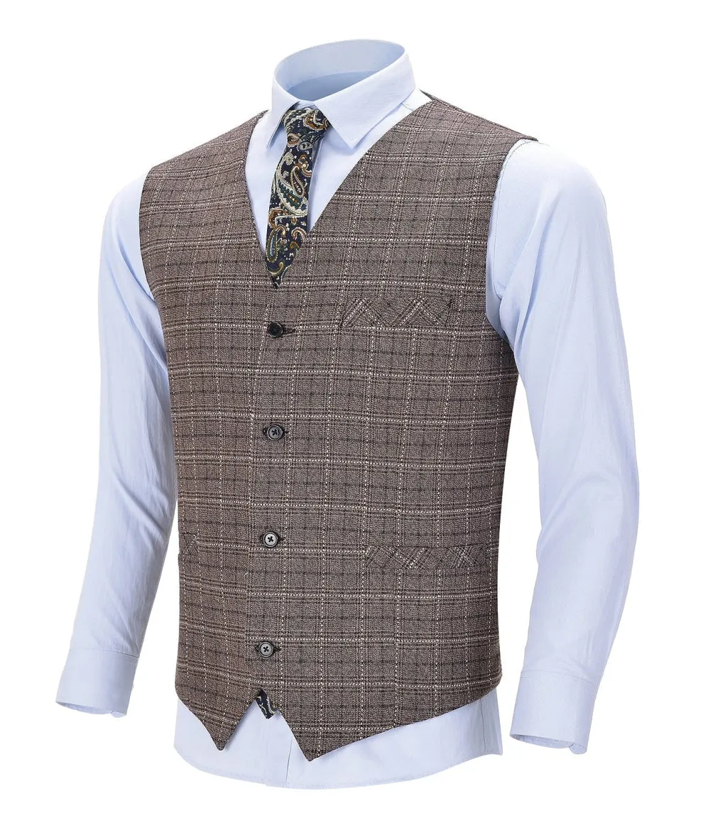 Plaid V Neck Waistcoat Formal Solid Men's Suit Vest