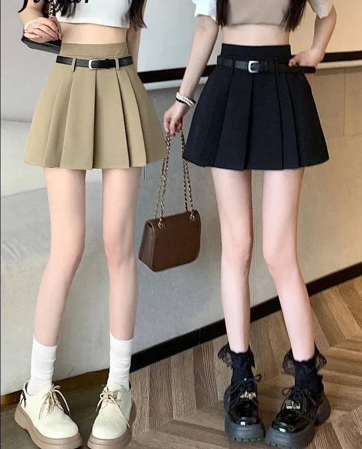 Pleated Skirt Women Spring Summer New Korean Style Short Skirts Female Fashion High Waist Student Suit Mini Skirt Belt