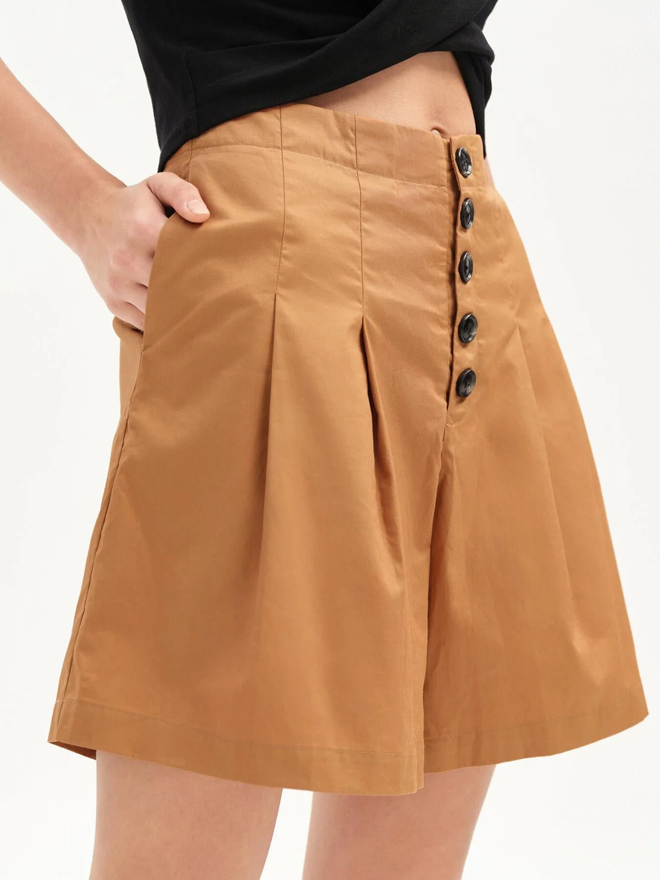 Plicated Button Front Wide Leg Shorts