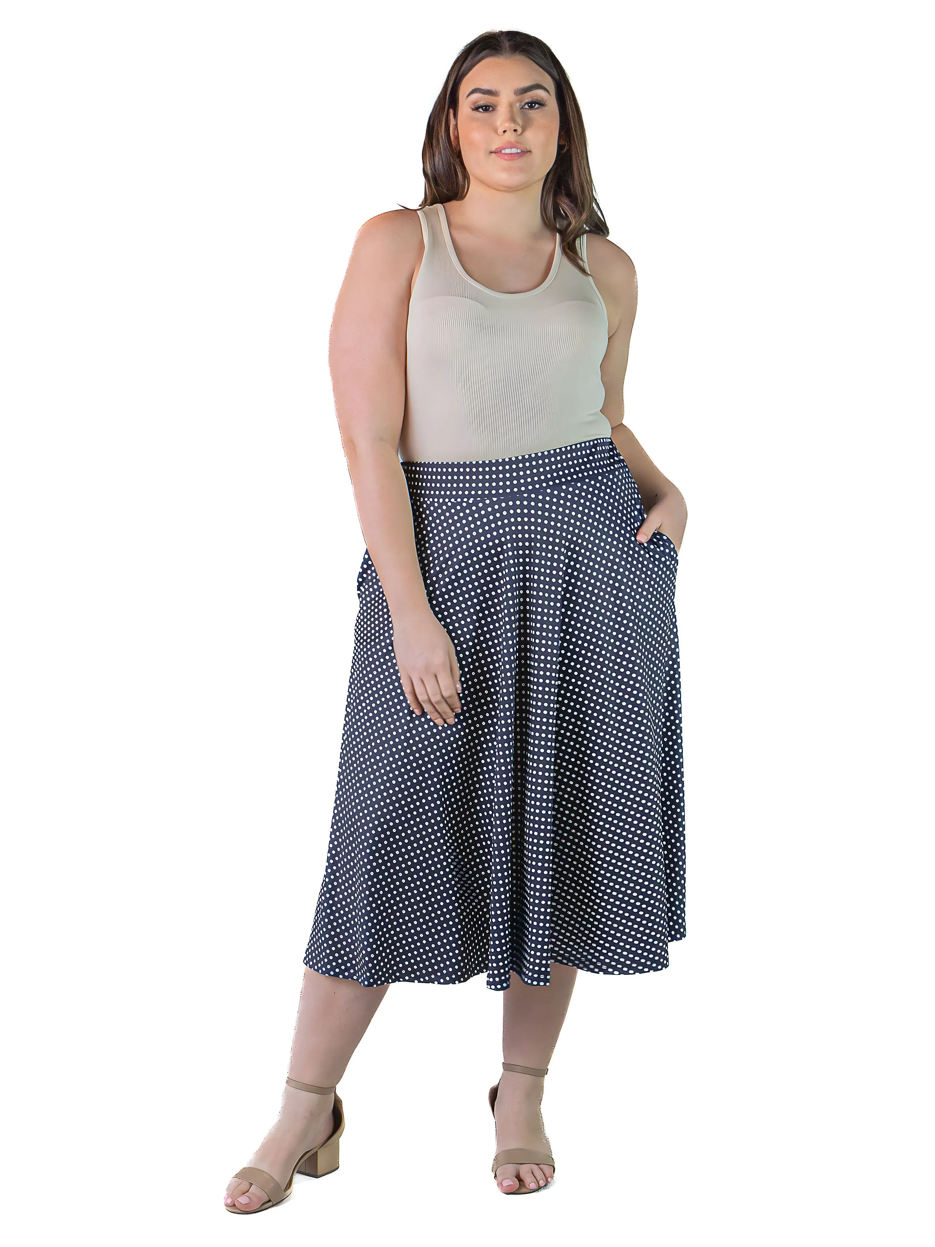 Plus Size Womens Navy Polka Dot Pleated Pocket Midi Skirt