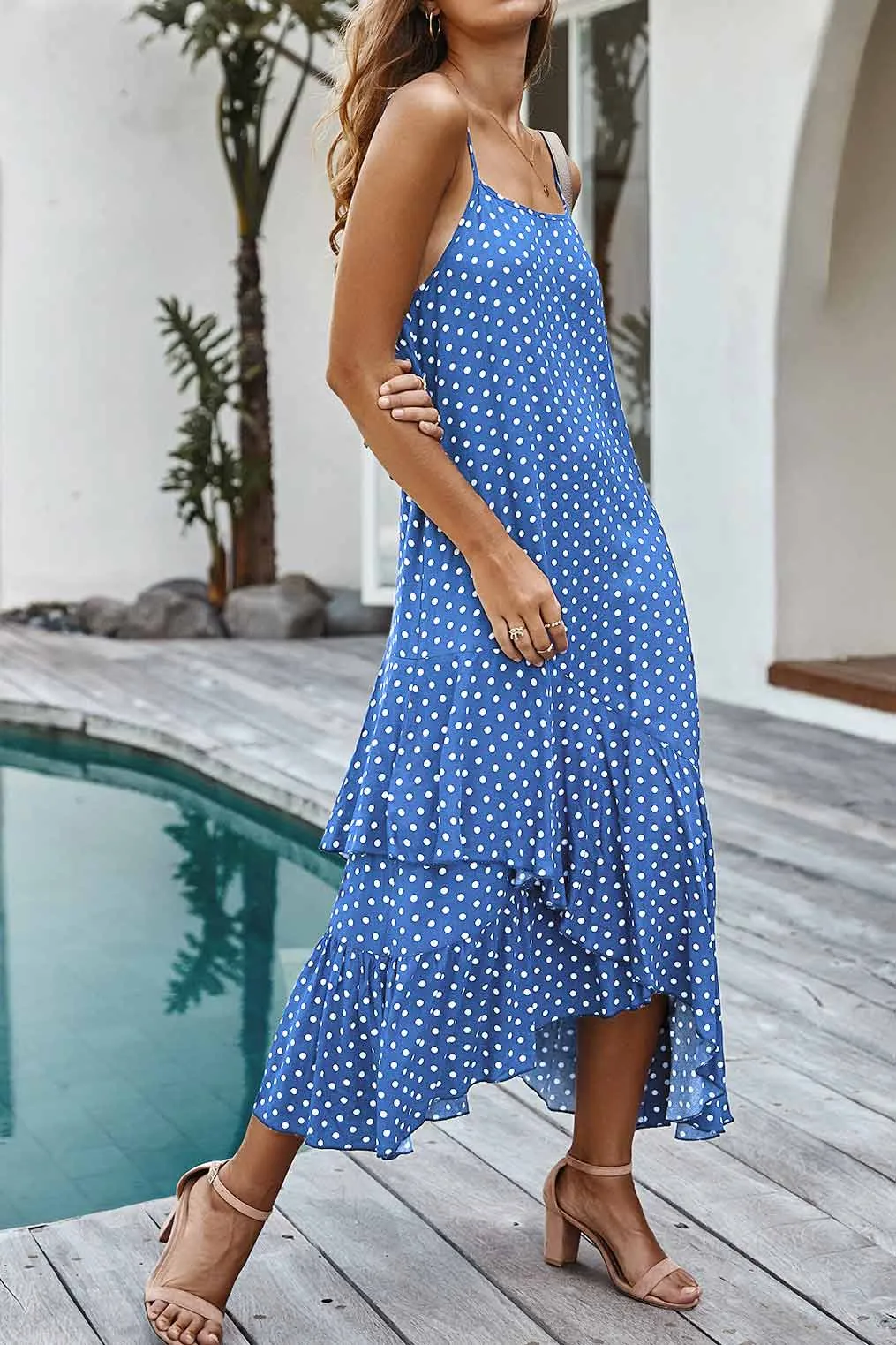 Polka Dot Spaghetti Straps Ruffled Maxi Dress