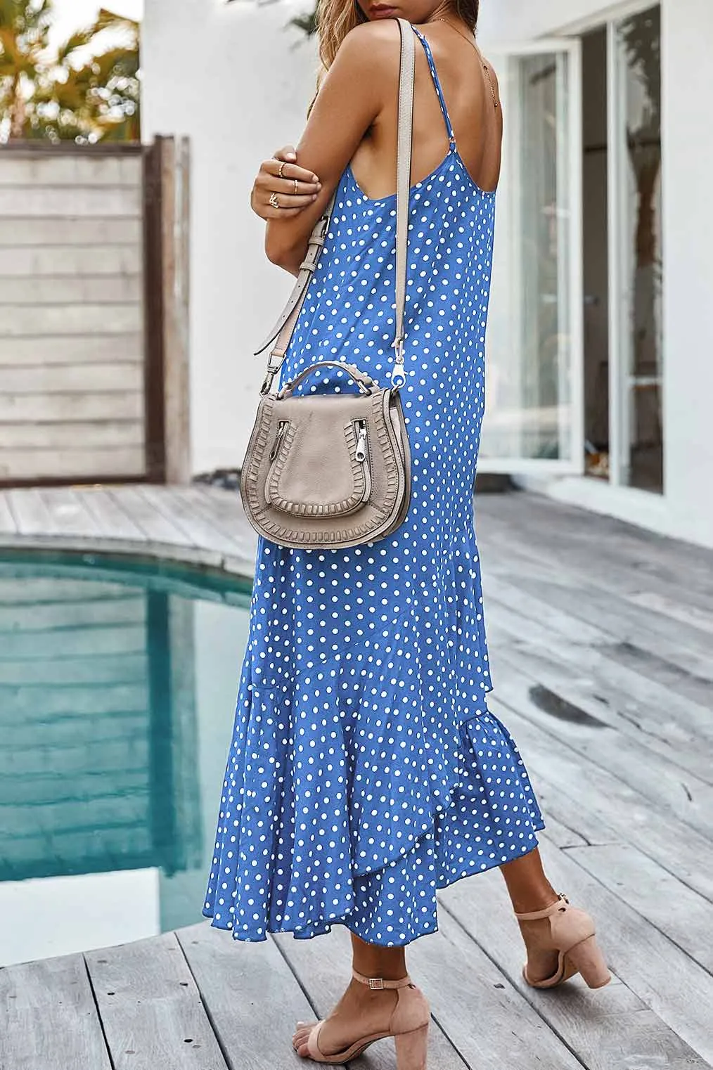 Polka Dot Spaghetti Straps Ruffled Maxi Dress