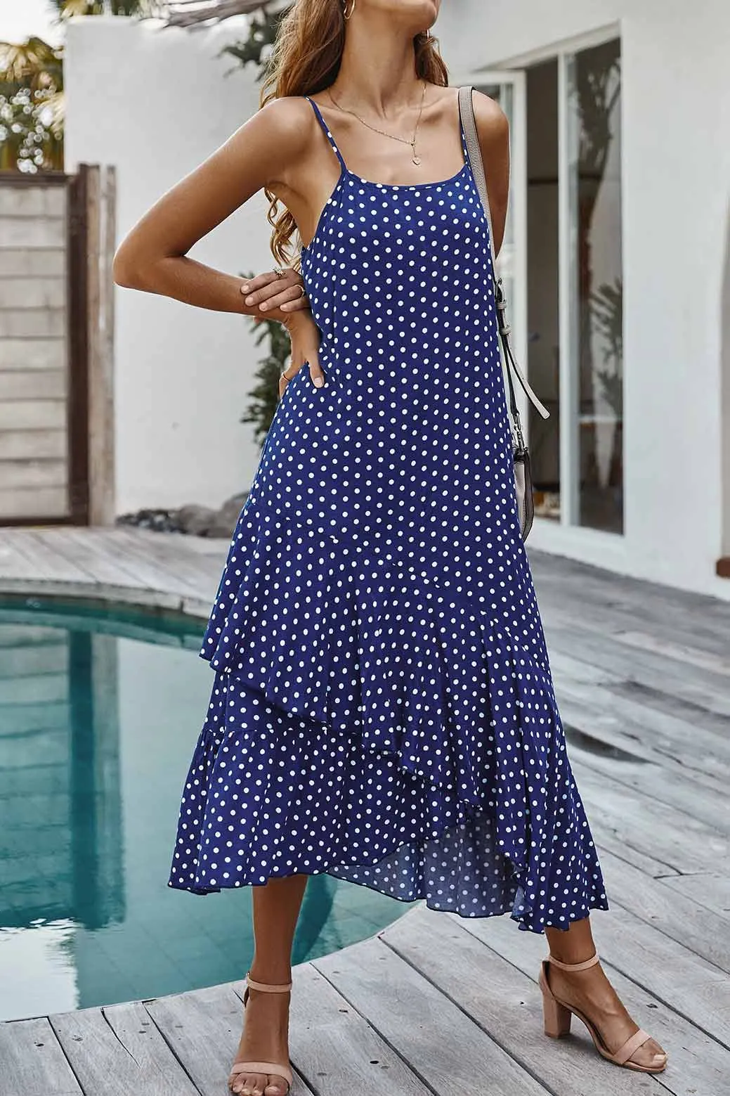 Polka Dot Spaghetti Straps Ruffled Maxi Dress