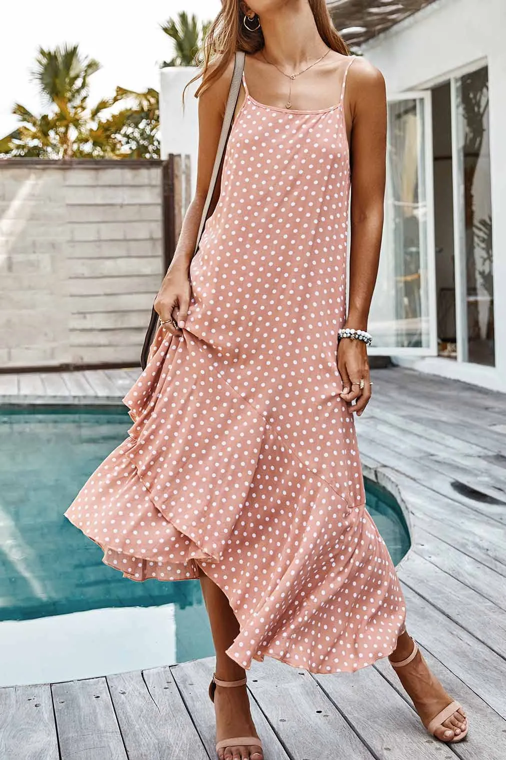 Polka Dot Spaghetti Straps Ruffled Maxi Dress