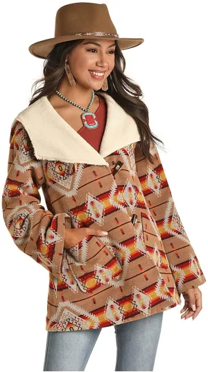 Powder River Outfitters Women's Aztec Jacquard Wool Cape Coat, Tan