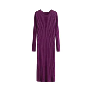 Pre Order:  Solid Pleated Round Neck Woolen Knitted Dress