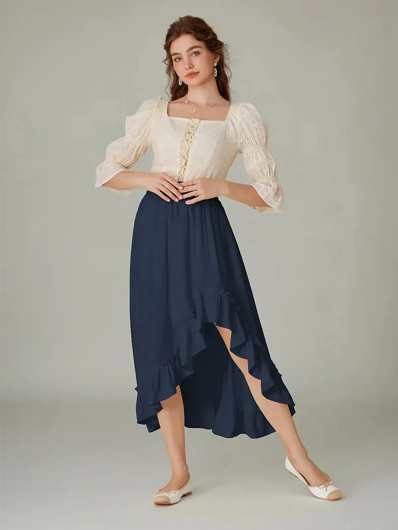 Ren Fair Drawstring Irregular Ruffled Hem Skirt with Pocket