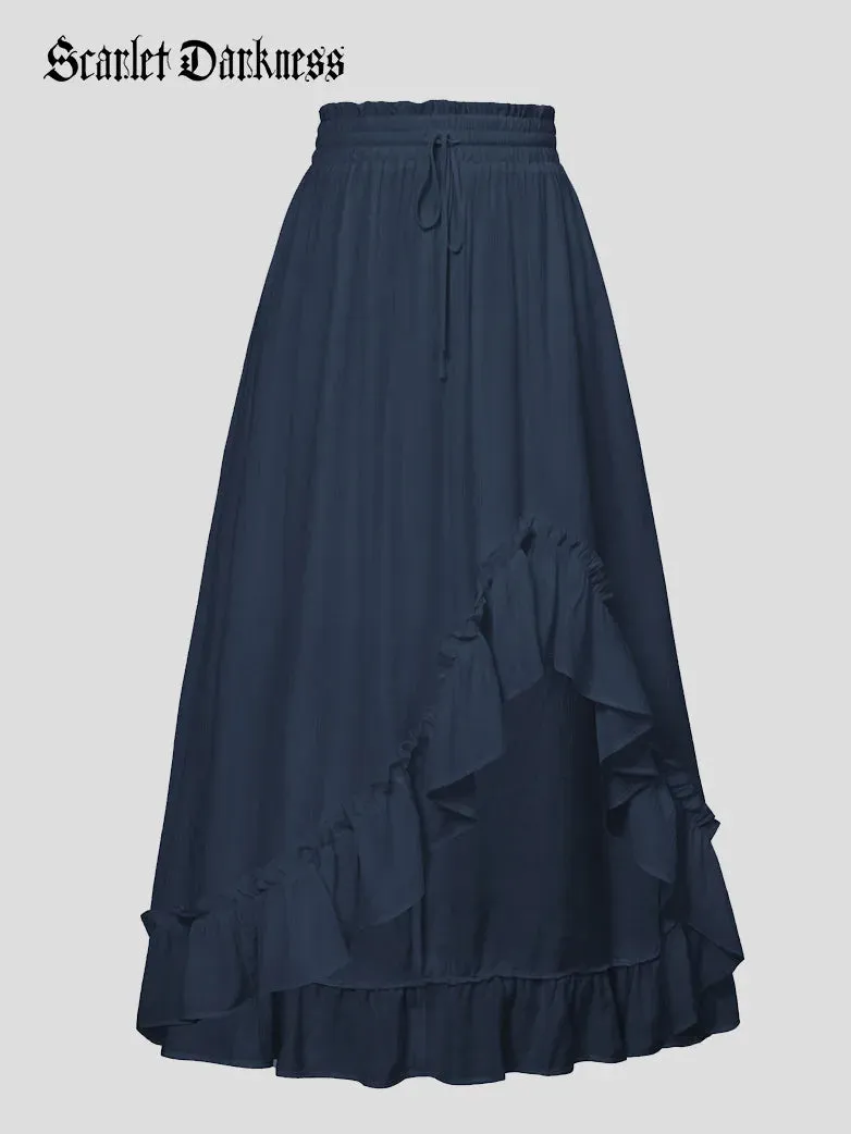 Ren Fair Drawstring Irregular Ruffled Hem Skirt with Pocket