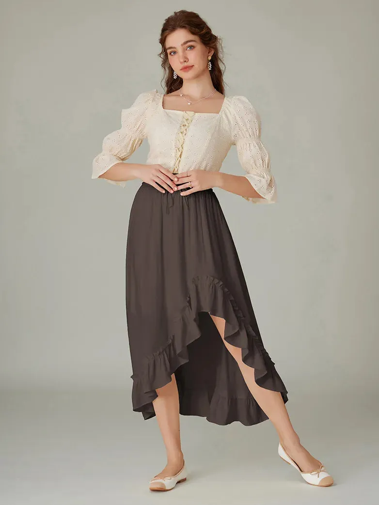 Ren Fair Drawstring Irregular Ruffled Hem Skirt with Pocket