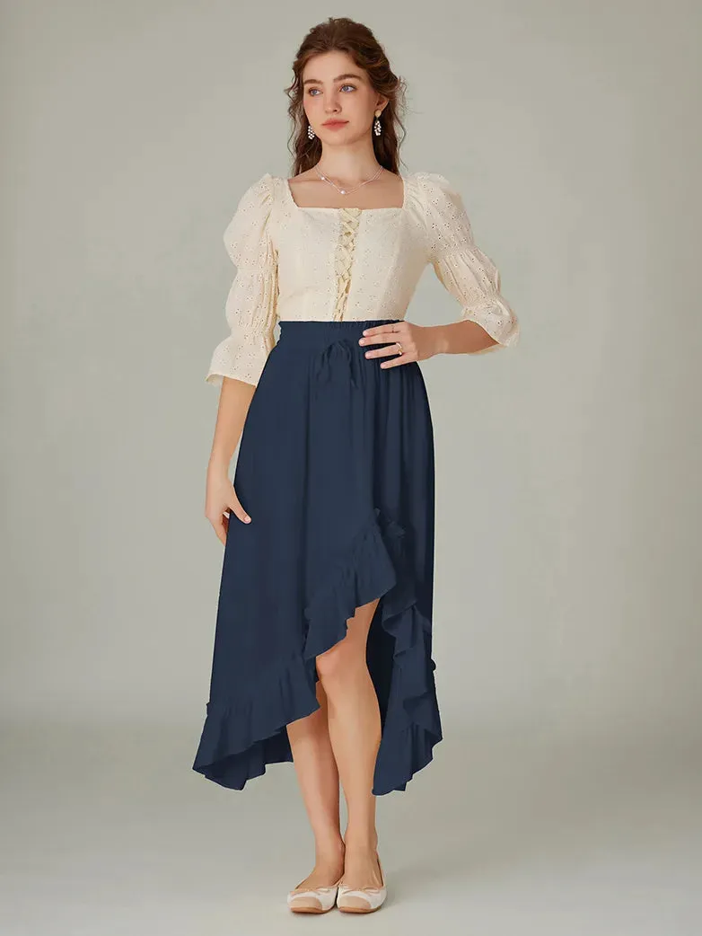 Ren Fair Drawstring Irregular Ruffled Hem Skirt with Pocket