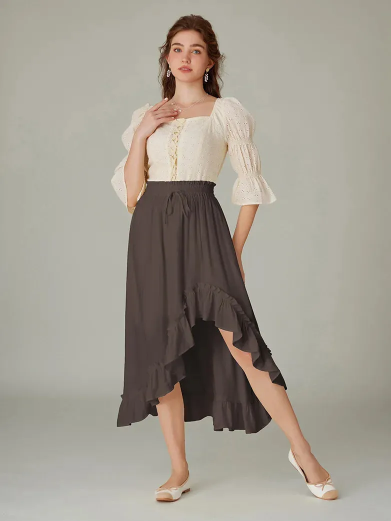 Ren Fair Drawstring Irregular Ruffled Hem Skirt with Pocket