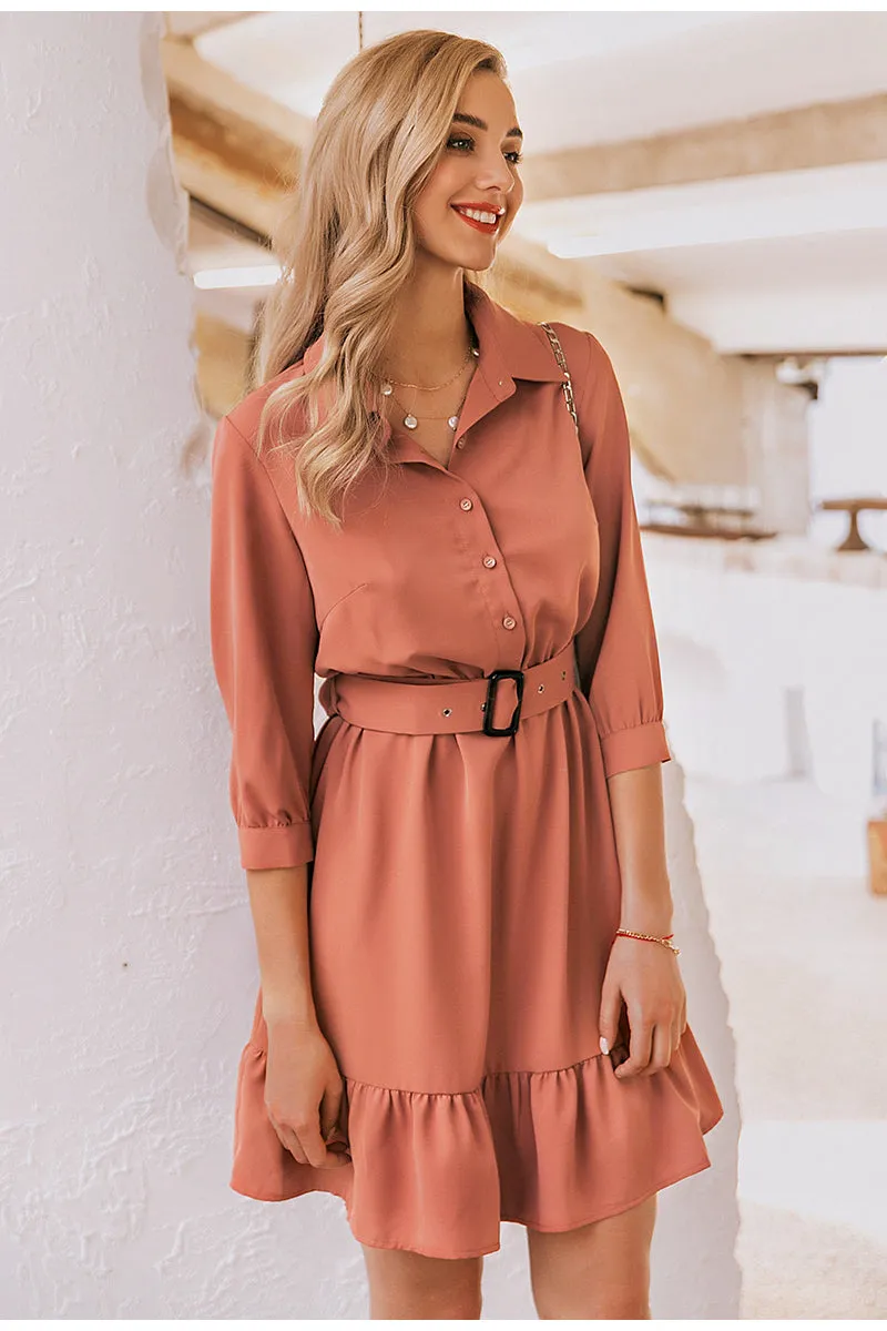 Ruffled Spring Three Quarter Sleeve Belt Office Retro O-neck A-line Summer Dress