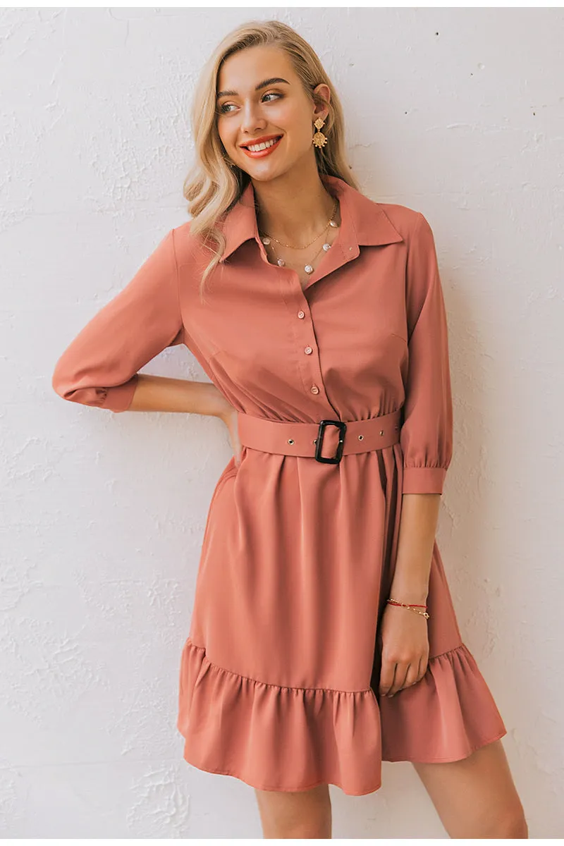 Ruffled Spring Three Quarter Sleeve Belt Office Retro O-neck A-line Summer Dress