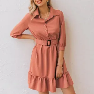 Ruffled Spring Three Quarter Sleeve Belt Office Retro O-neck A-line Summer Dress