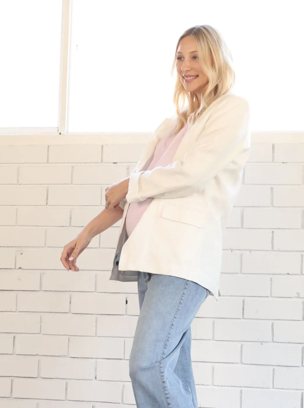 Sadie Maternity Linen Blazer Jacket in White