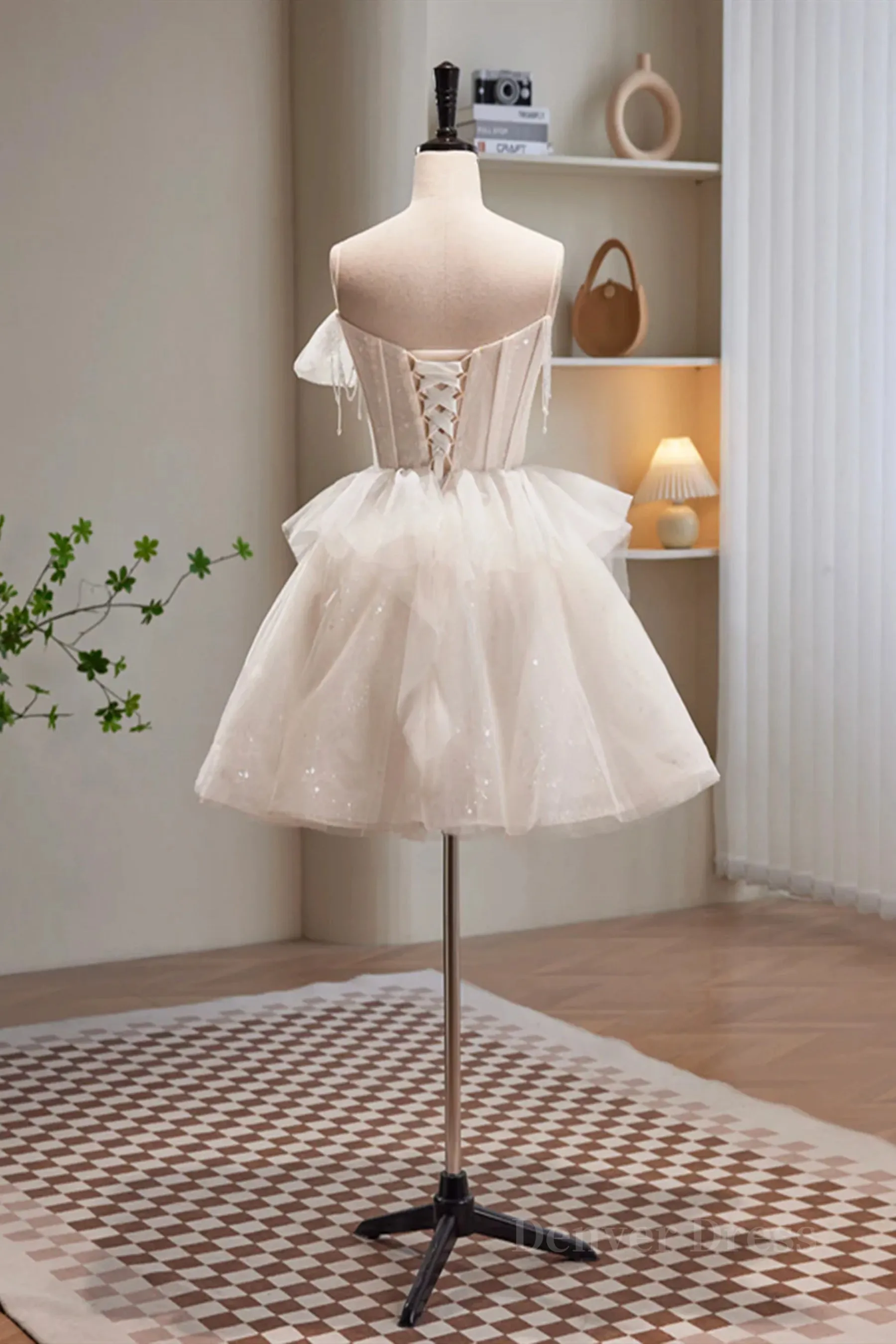 Short Light Champagne Tulle Prom Dresses, Short Champagne Tulle Formal Homecoming Dresses