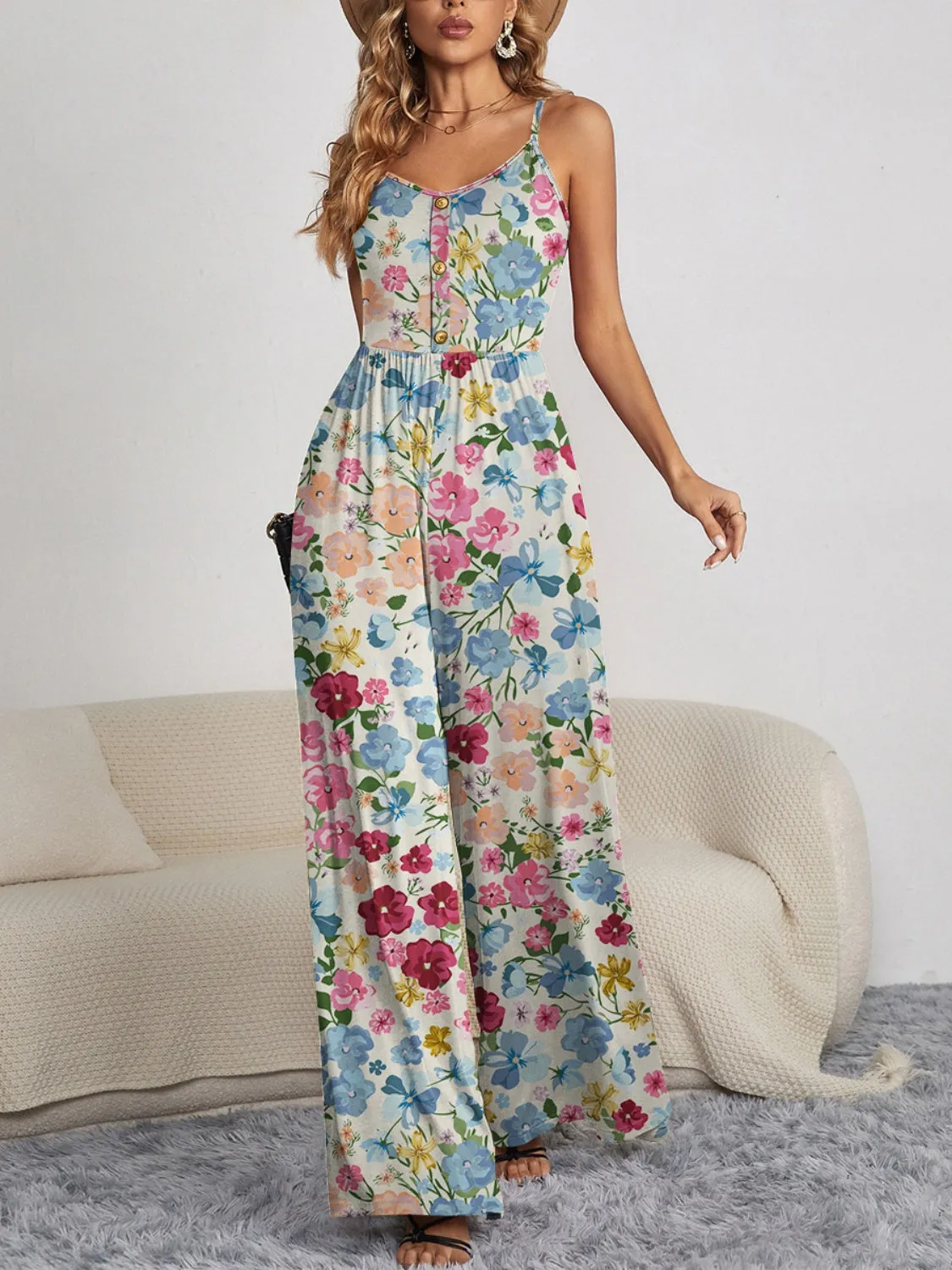 Spaghetti Strap Wide Leg Vacation Jumpsuit