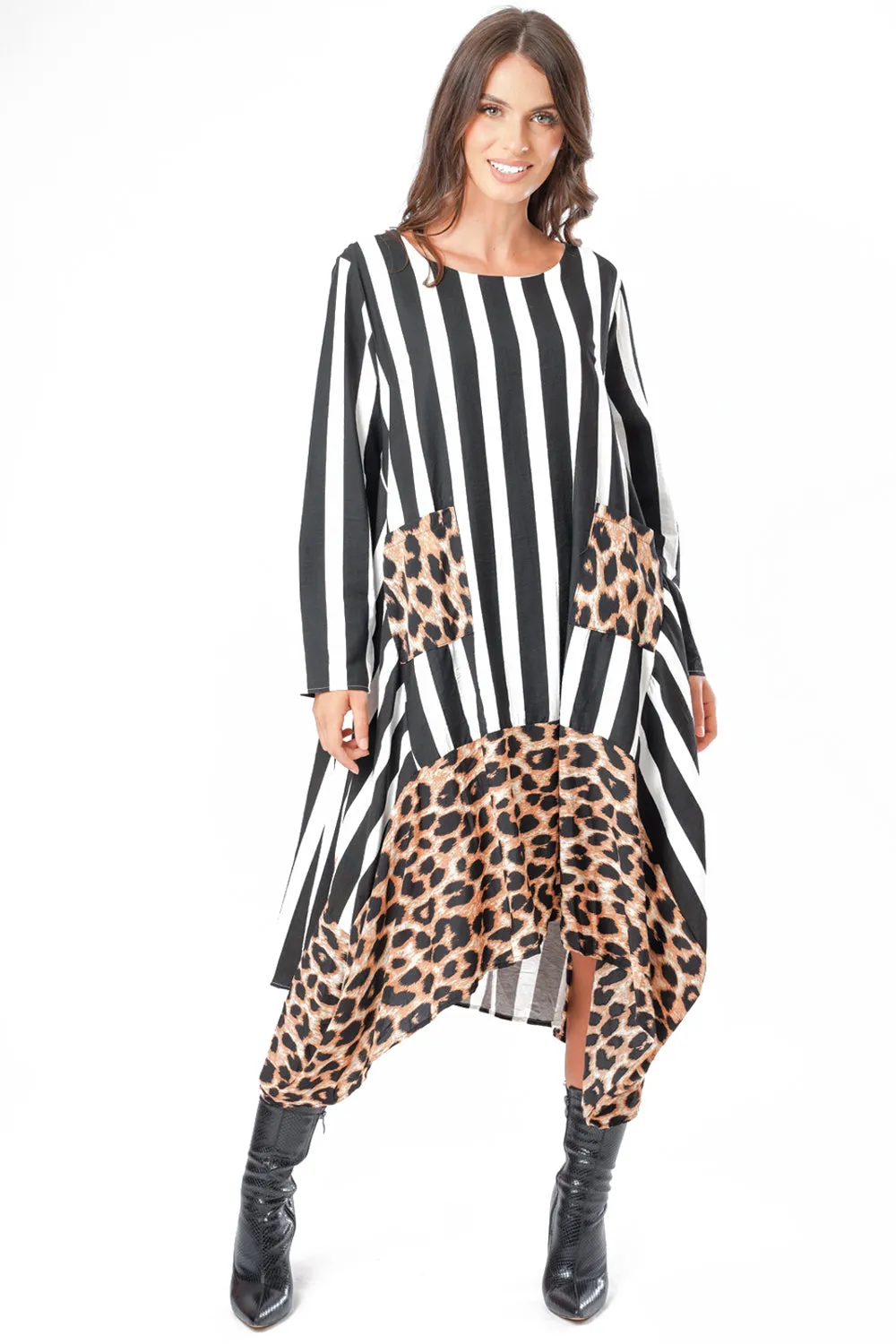 Stripe and Leopard Print Border Floaty Asymmetric Dress