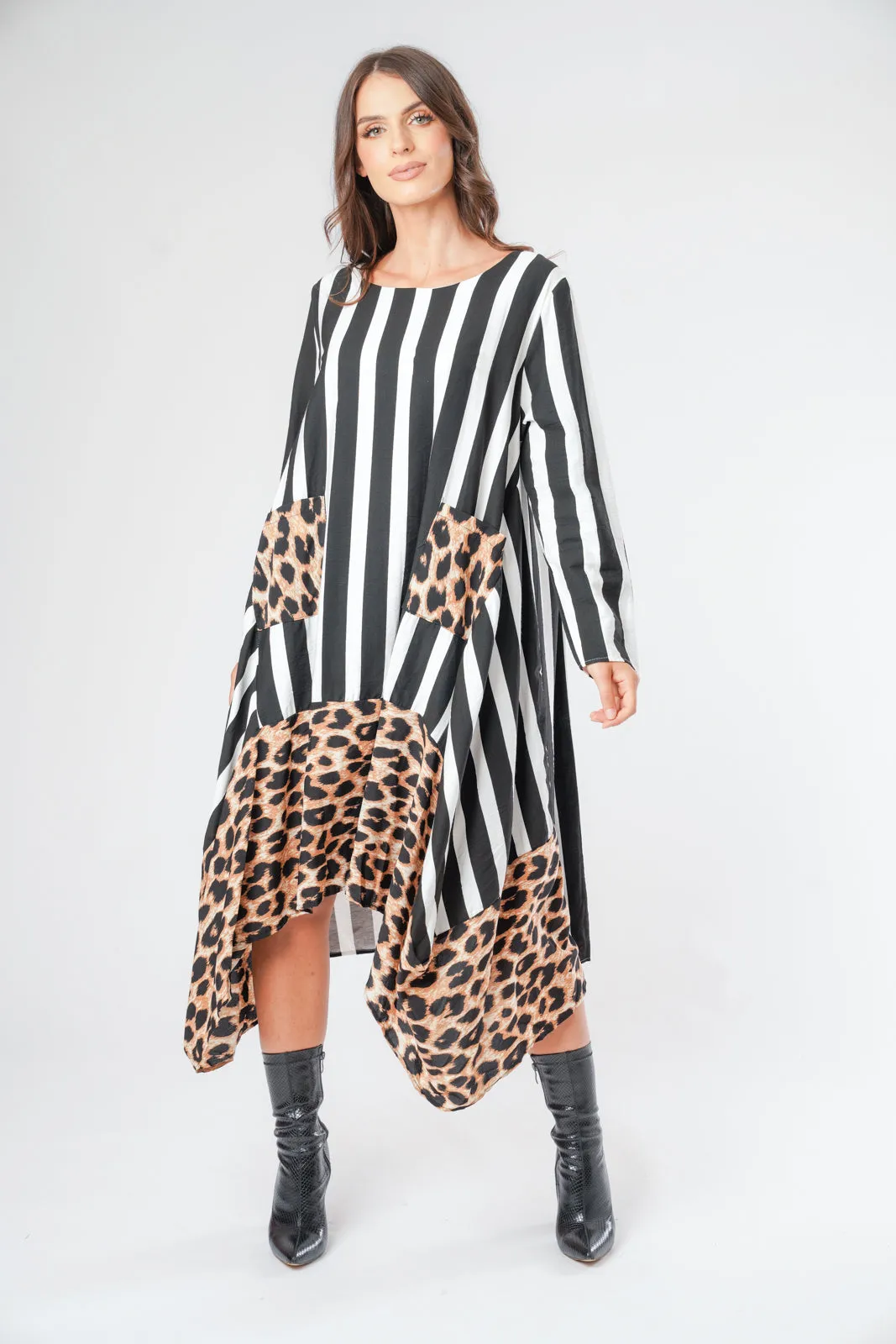 Stripe and Leopard Print Border Floaty Asymmetric Dress