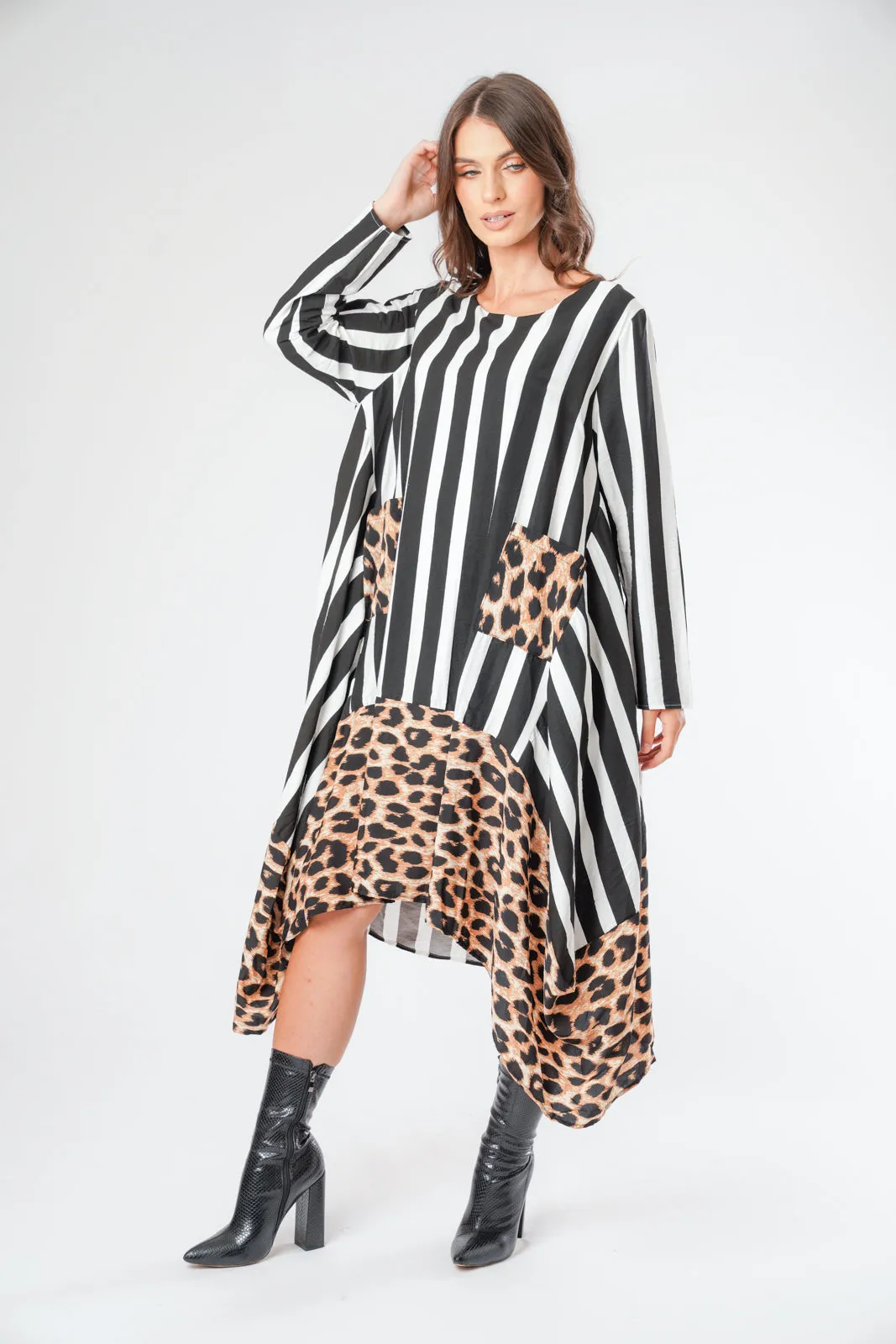 Stripe and Leopard Print Border Floaty Asymmetric Dress