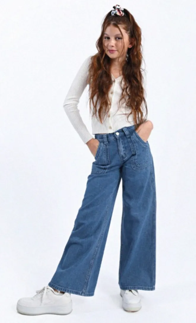 The Jones Wide Leg Denim Pants - Denim Blue - KIDS