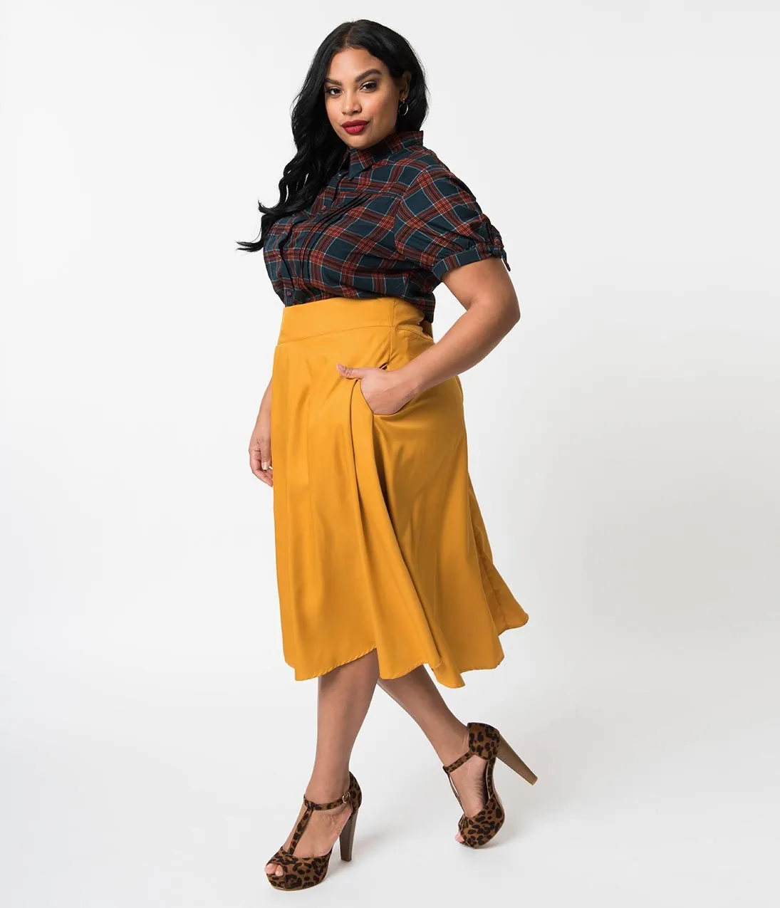 Unique Vintage Plus Size Retro Style Mustard Yellow High Waist Vivien Swing Skirt