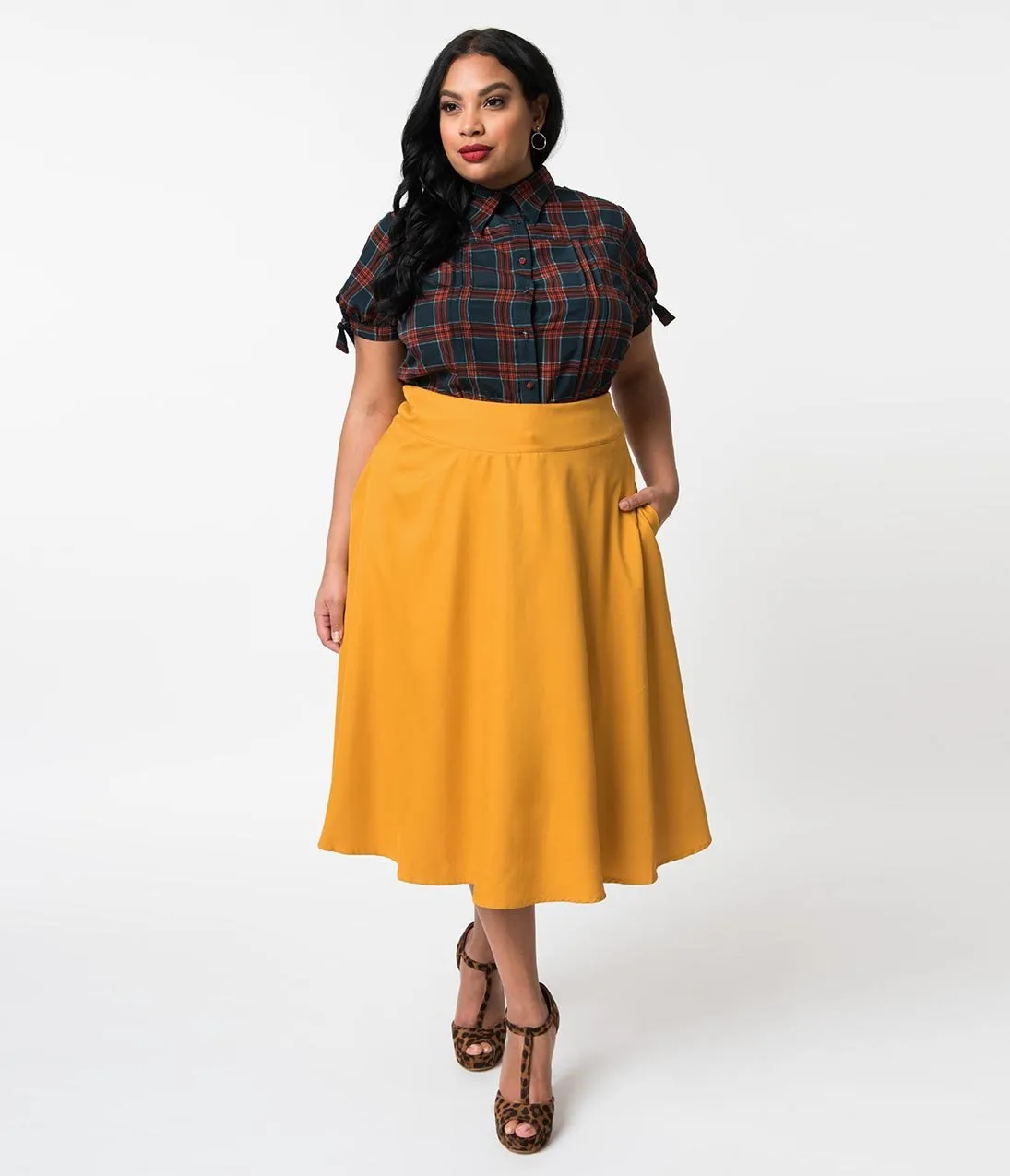 Unique Vintage Plus Size Retro Style Mustard Yellow High Waist Vivien Swing Skirt