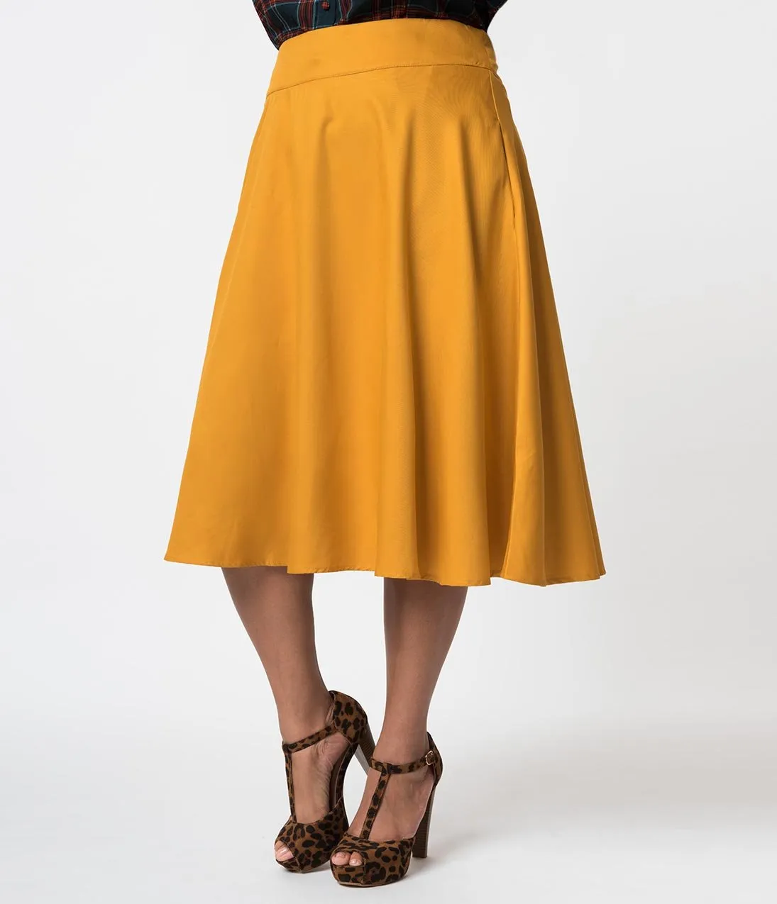 Unique Vintage Plus Size Retro Style Mustard Yellow High Waist Vivien Swing Skirt