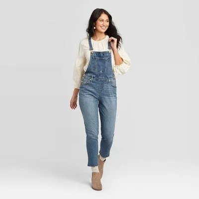 Universal Thread Women's High-Rise Denim Overalls Cropped Tapered, Medium Wash