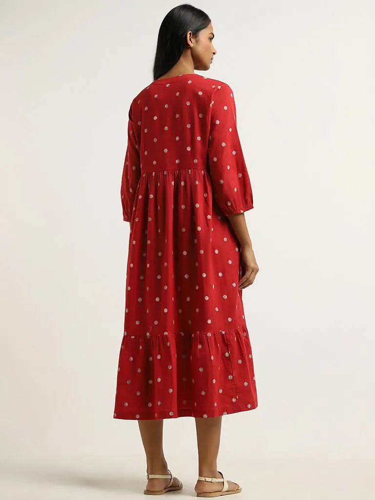 Utsa Red Polka Dotted Cotton Dress