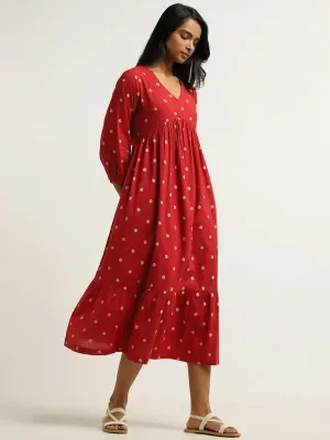 Utsa Red Polka Dotted Cotton Dress