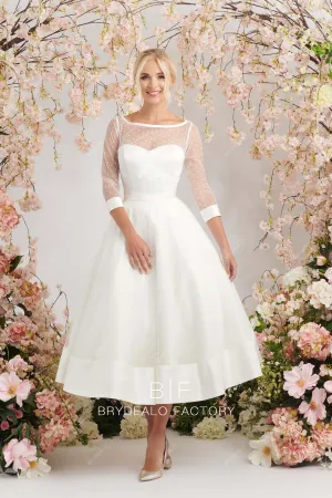 Vintage Dot Tulle 3/4 Sleeves Illusion Neck Tea-Length Wedding Gown