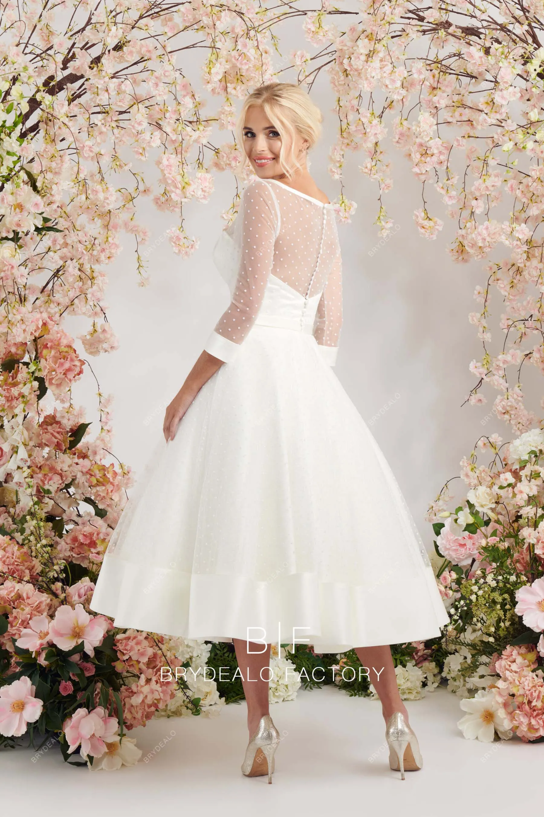 Vintage Dot Tulle 3/4 Sleeves Illusion Neck Tea-Length Wedding Gown