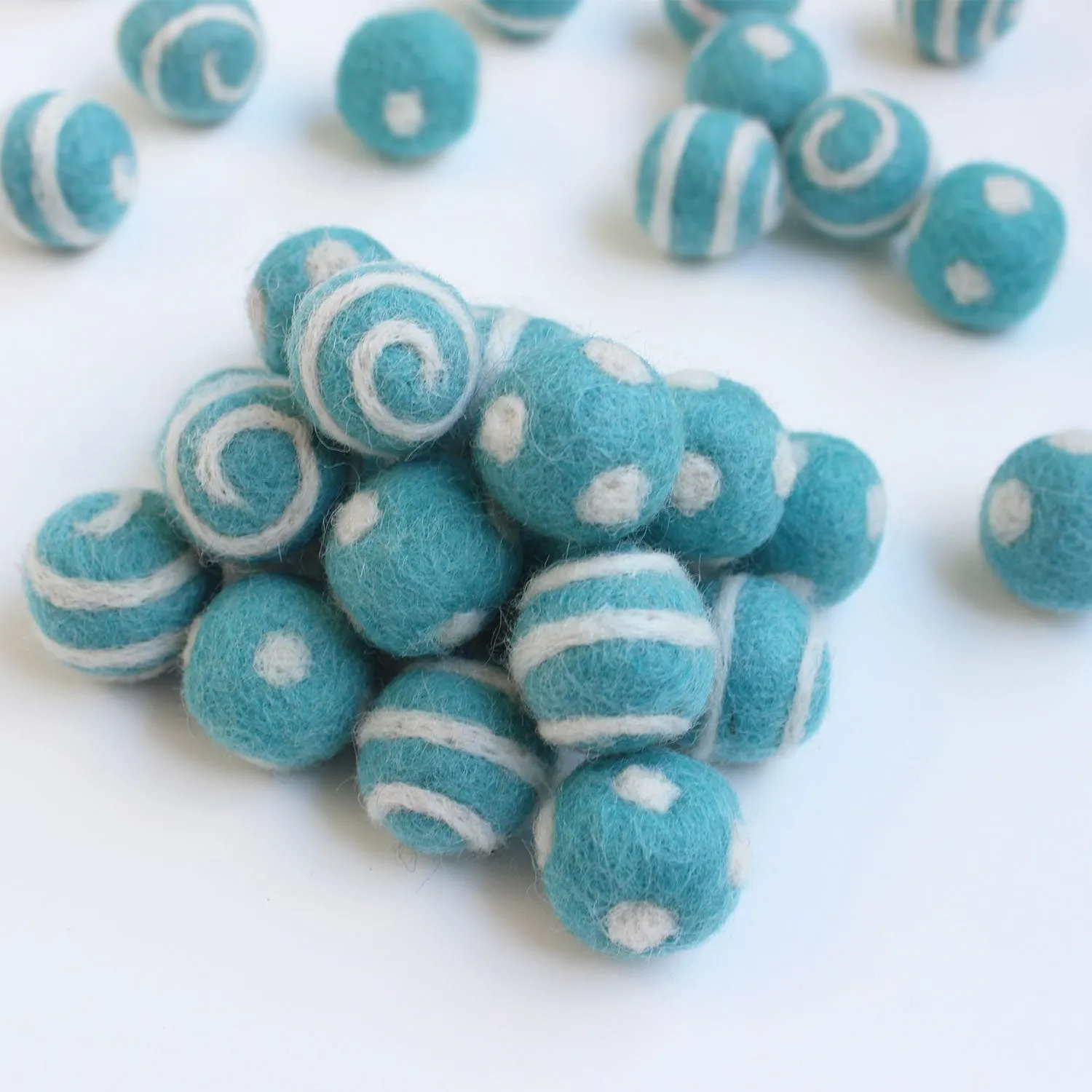 White On Mint Polka Dot Swirl Felt Balls