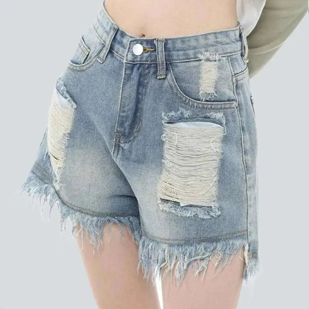 Wide-leg ripped women's denim shorts