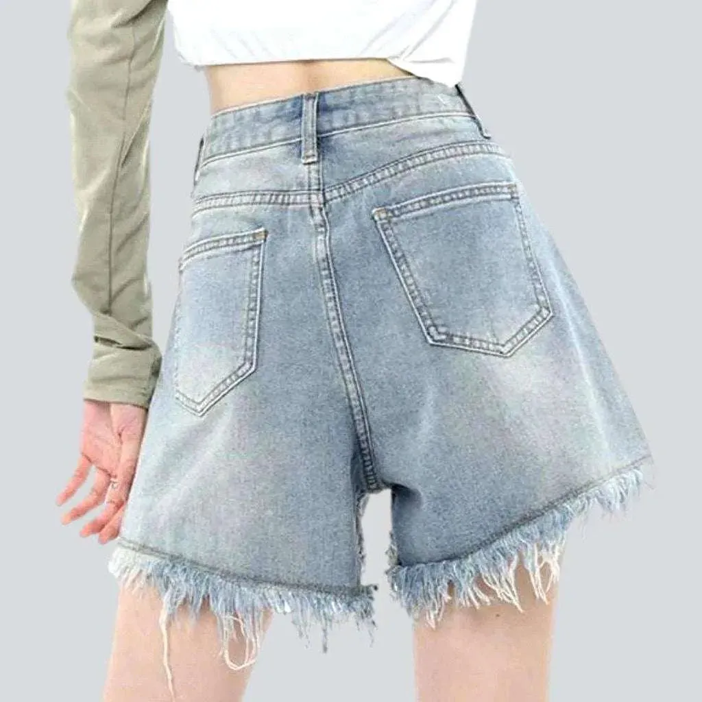 Wide-leg ripped women's denim shorts