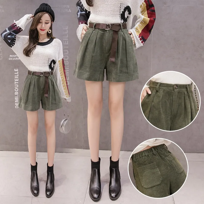 Women High Waist Corduroy Shorts With Belt Loose Wide Leg Shorts