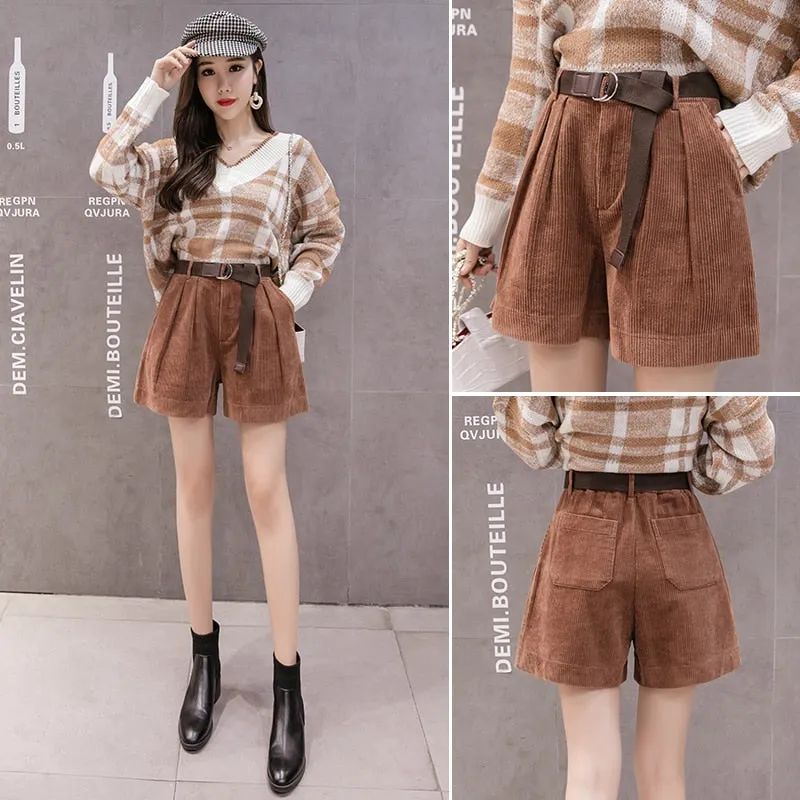 Women High Waist Corduroy Shorts With Belt Loose Wide Leg Shorts