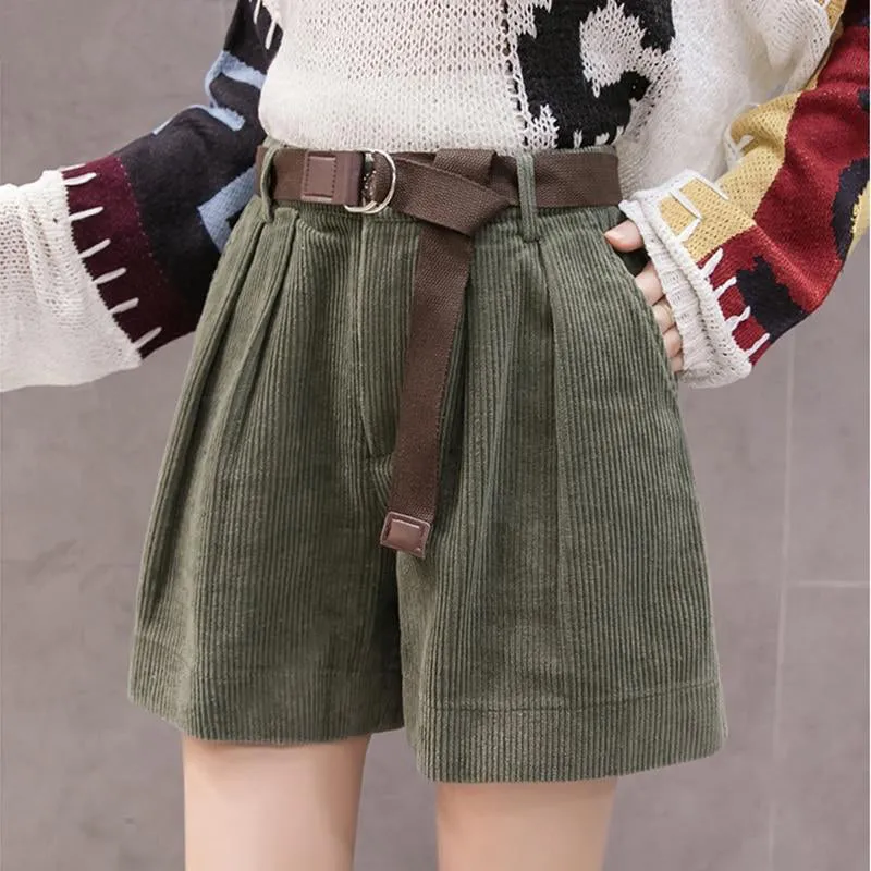 Women High Waist Corduroy Shorts With Belt Loose Wide Leg Shorts