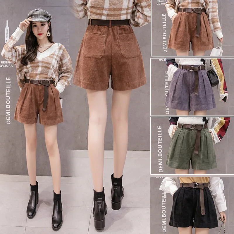 Women High Waist Corduroy Shorts With Belt Loose Wide Leg Shorts