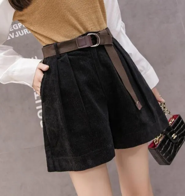 Women High Waist Corduroy Shorts With Belt Loose Wide Leg Shorts