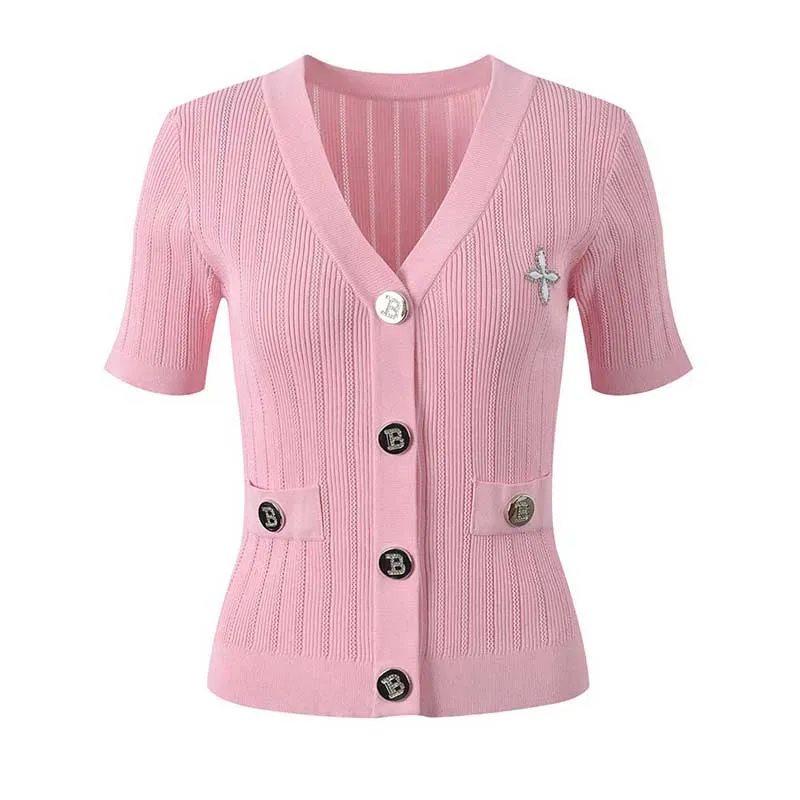 Women Knit Cardigan V-Neckline Cropped Top Short Sleeve Knitted Slim Coat