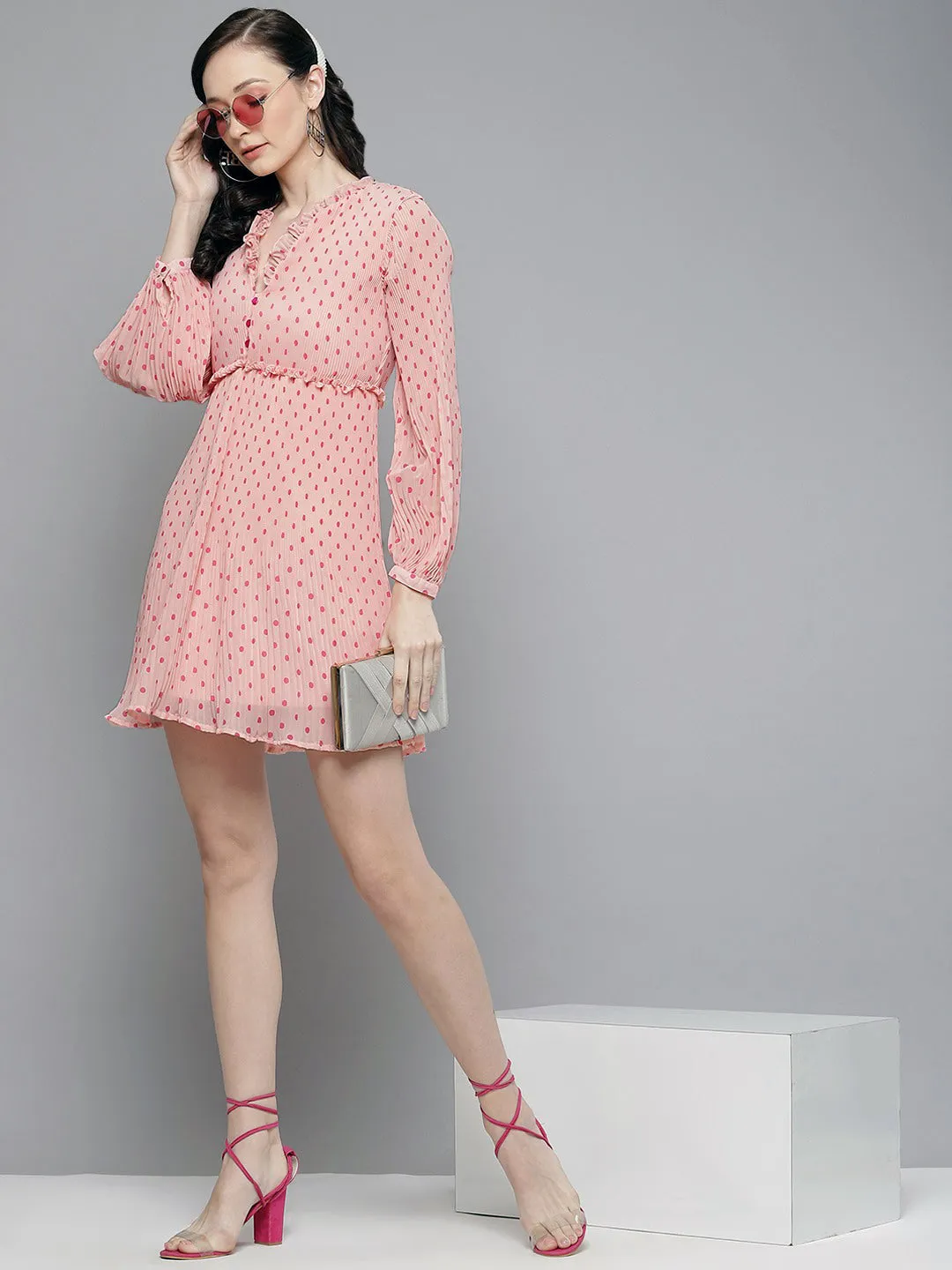 Women Pink With Fuchsia Polka Dot Pleated Dress