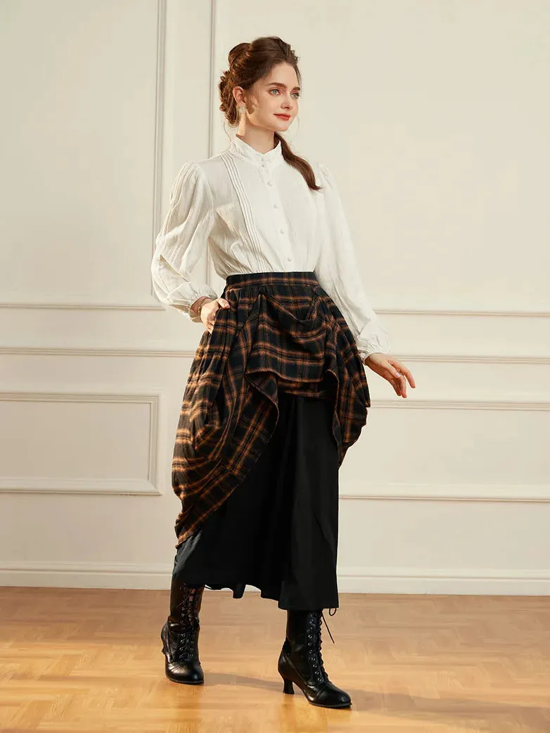 Women Plaided Skirt Buckle up Flared A-Line Swing Skirt