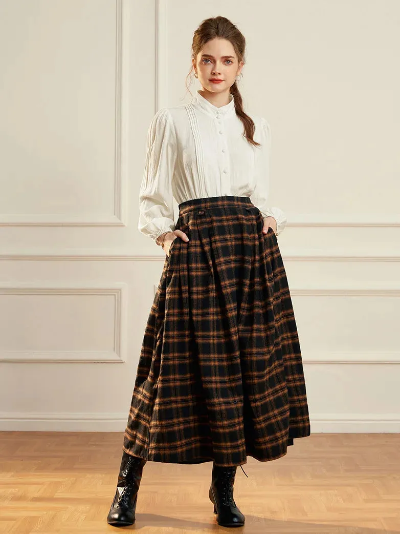 Women Plaided Skirt Buckle up Flared A-Line Swing Skirt