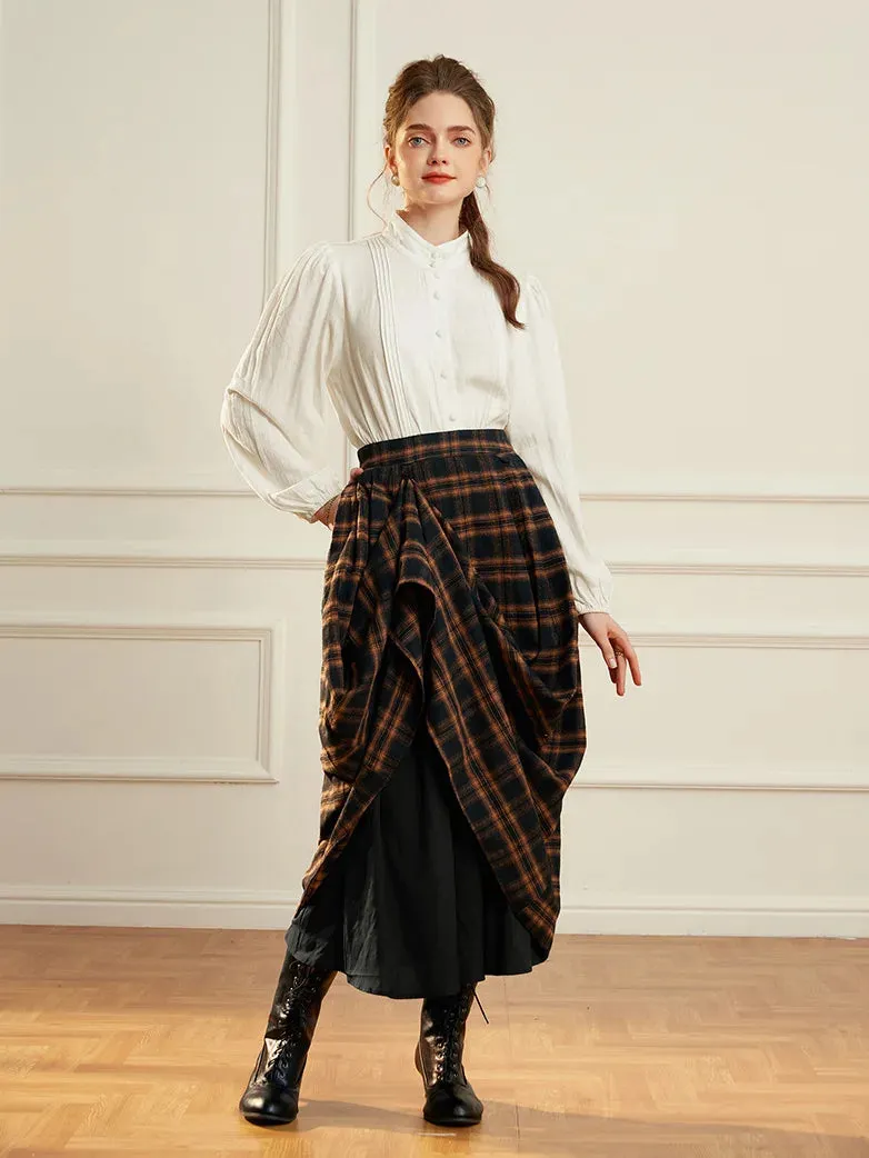 Women Plaided Skirt Buckle up Flared A-Line Swing Skirt