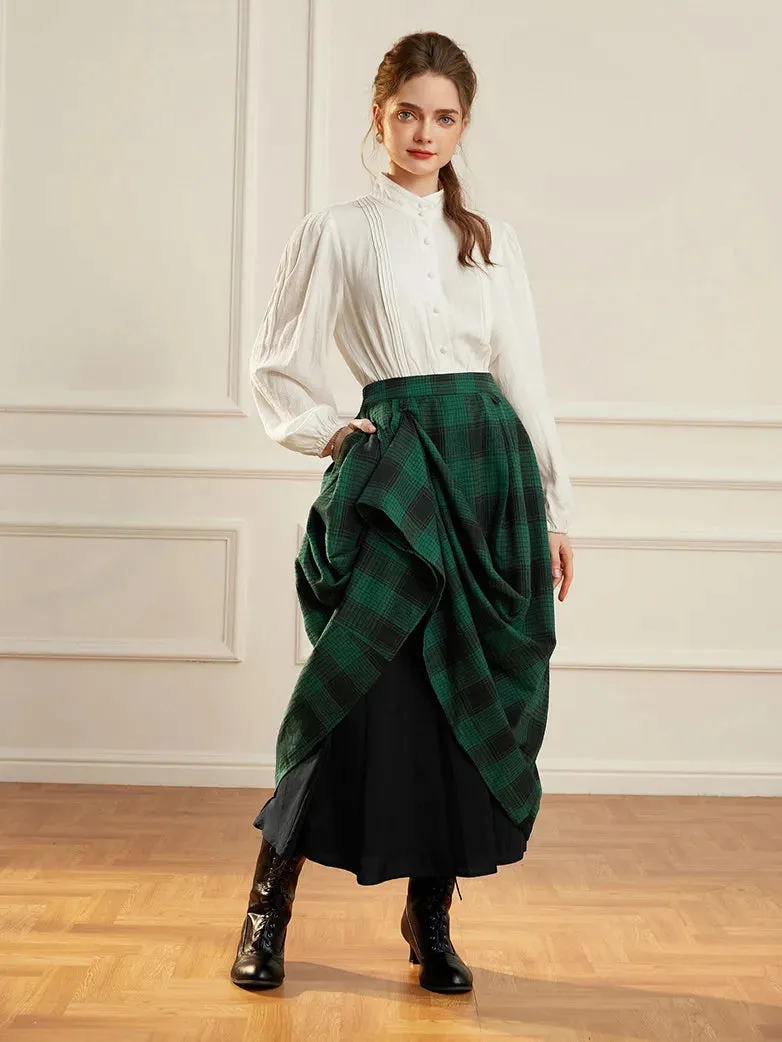 Women Plaided Skirt Buckle up Flared A-Line Swing Skirt